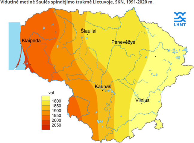 Vidutinė metinė saulės spindėjimo trukmė Lietuvoje 1991-2020 m.
